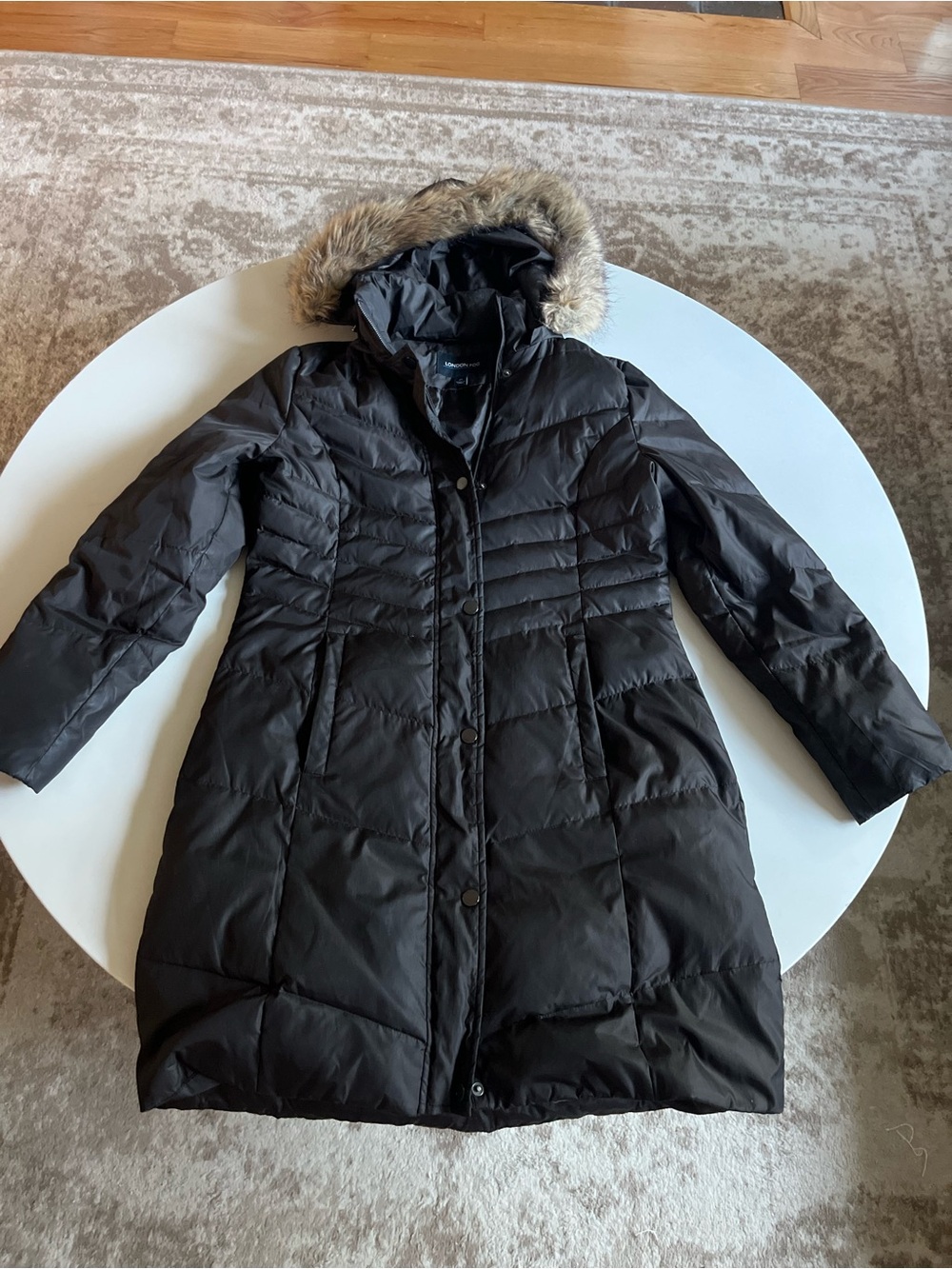 LONDON FOG Quilted Puffer Winter Coat with Faux Fur Hood, Brown, Size Medium